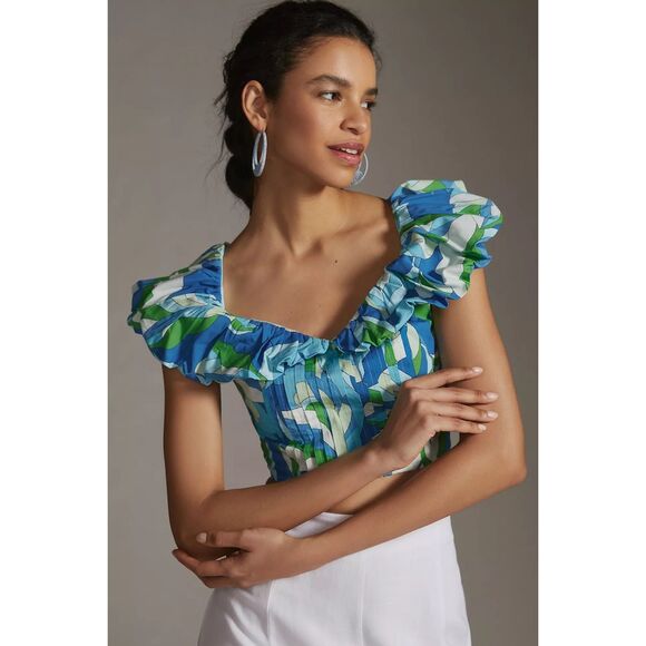Maeve by Anthropologie Puff-Sleeve Cropped Blouse Tropical Floral Ruffle Sz  M B - Picture 4 of 13